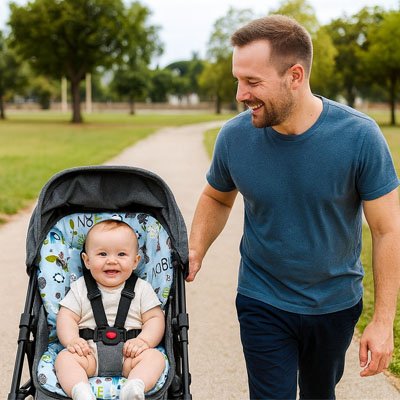 Un bébé qui est assis sur un Coussin pour chaise haute avec son papa à côté.