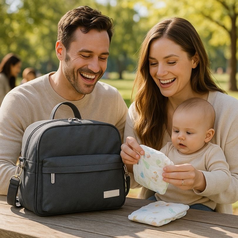 bebe avec ses parents assis avec un sac à langer noir