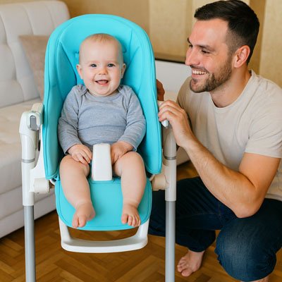 Un bébé qui est assis sur un cousin chaise haute bleue, son père à côté 