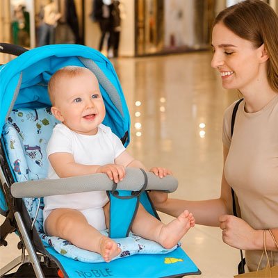 Un bébé qui est assis sur un coussin pour chaise haute avec sa maman.
