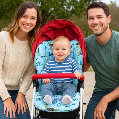 Un bébé qui est assis sur un coussin pour chaise haute avec ses deux parents.