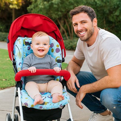 Un bébé qui est assis sur un coussin pour chaise haute avec son papa.