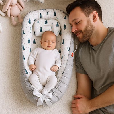 Un bébé qui dort dans un réducteur de lit pour bébé avec son père à côté.