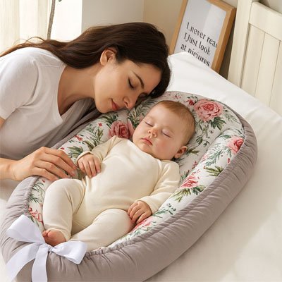 Un bébé qui dort dans un réducteur de lit pour bébé avec sa mère à côté.