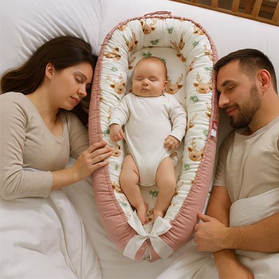 Un bébé qui dort dans un réducteur de lit pour bébé avec son père et sa mère à côté.