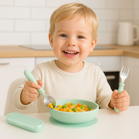 Un garçon qui mange avec les couverts bébé vert