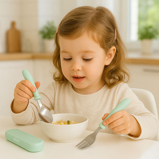 Une fille qui mange avec les couverts bébé vert