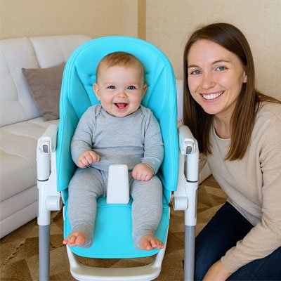 Un bébé qui est assis sur un cousin chaise haute, son père et sa mère est à côté 