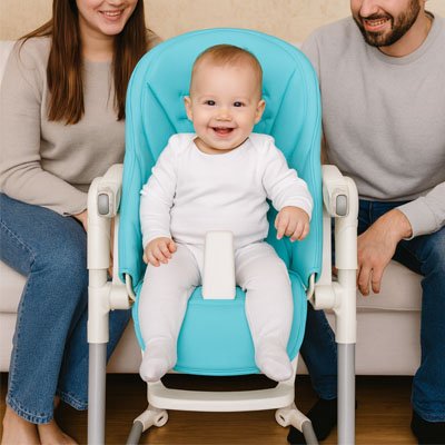 Un bébé qui est assis à côté son père et sa mère sur un coussin chaise haute
