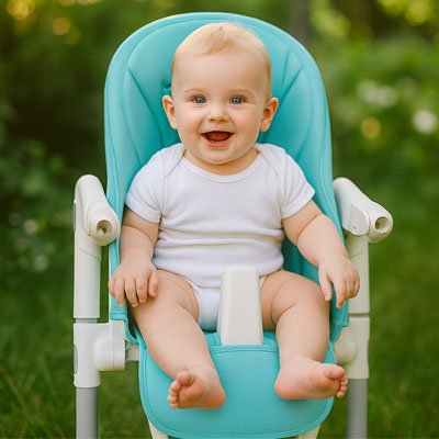 Un bébé qui est assis sur un cousin chaise haute bleue, 