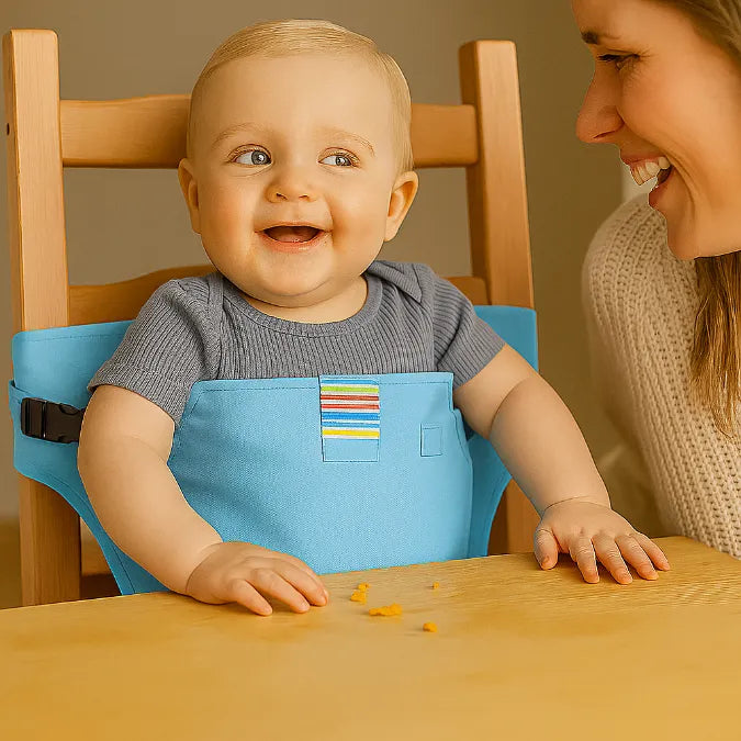bébé est sécurisé dans un harnais bébé pour chaise haute bleu pâle accroché sur une chaise en bois, tous deux se regardent en souriant