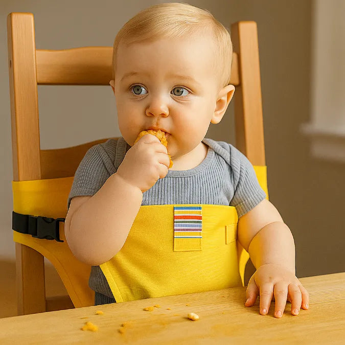 bébé est sécurisé dans un harnais bébé pour chaise haute jaune accroché sur une chaise en bois, il mange son repas