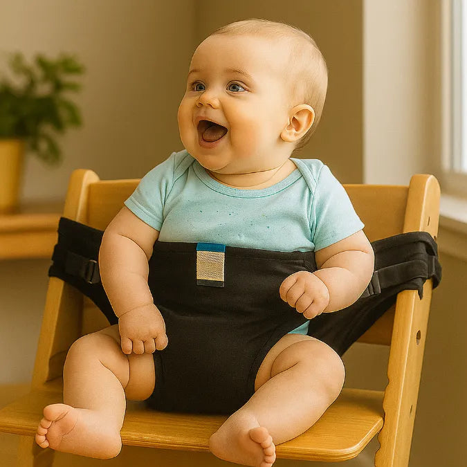 bébé est sécurisé dans un harnais bébé pour chaise haute noir accroché sur une chaise en bois