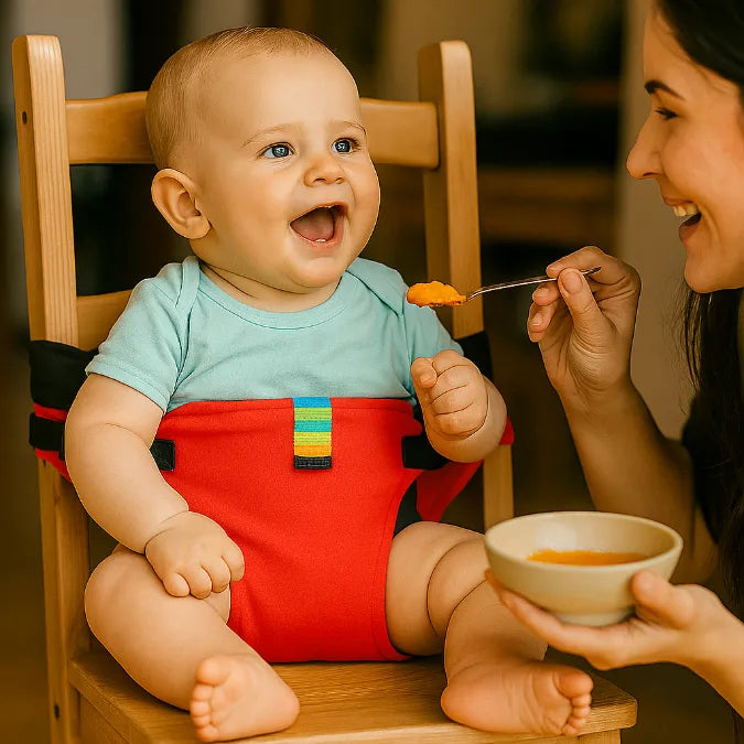 bébé est sécurisé dans un harnais bébé pour chaise haute rouge accroché sur une chaise en bois, sa mère le nourri à la cuillère, tous deux sont souriants