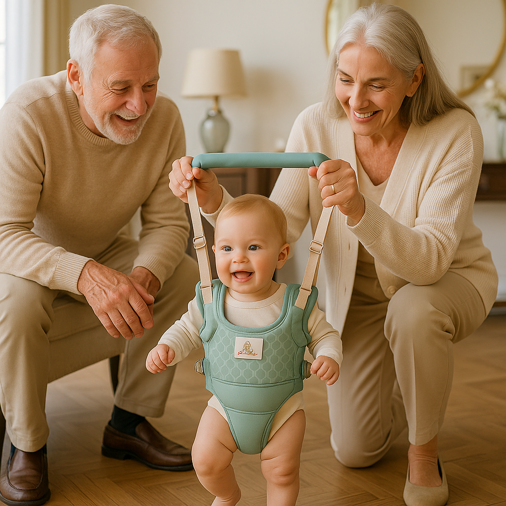 Des grands-parents aident le bébé à marcher avec un harnais de marche