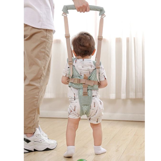 un adulte aide son bébéà apprendre à marcher avec un harnais de marche vert