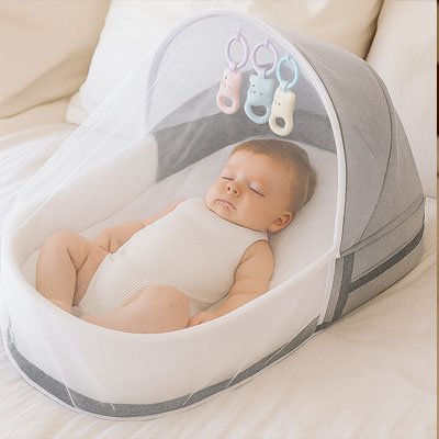 Un bébé dort dans un lit bébé pour voyage gris.