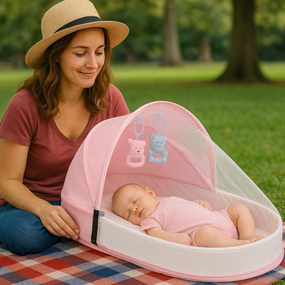 Un bébé dort paisiblement dans un lit bebe pour voyage rose.