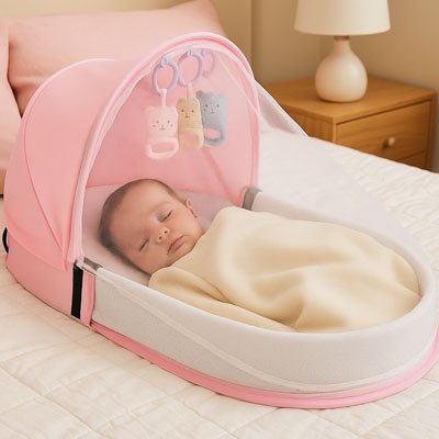 Un bébé dort tranquillement dans un lit bébé pour voyage rose.