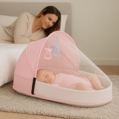 Une mère regarde son bébé dormir dans un lit nomade rose.