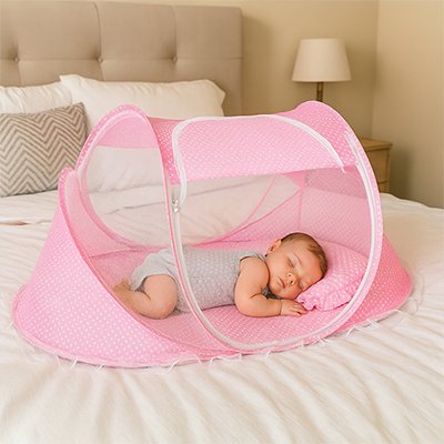 Un bébé dort paisiblement dans le lit moustiquaire bébé rose portable.