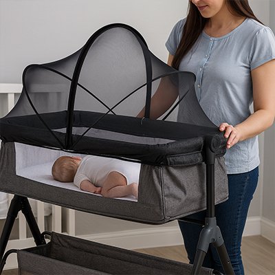 Maman qui regarde son bébé dormir dans son litt avec la moustiquaire lit bébé.