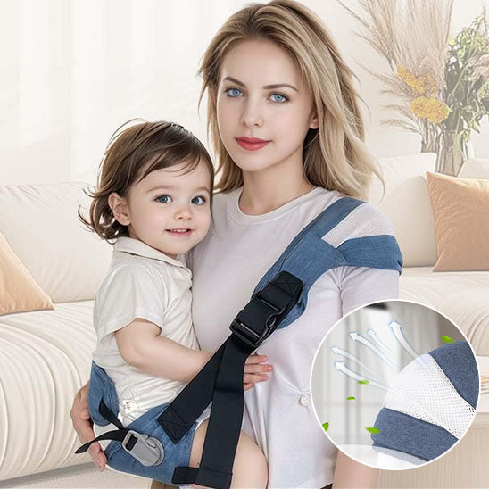 maman avec bébé qui est dans un porte bébé hanche bleu
