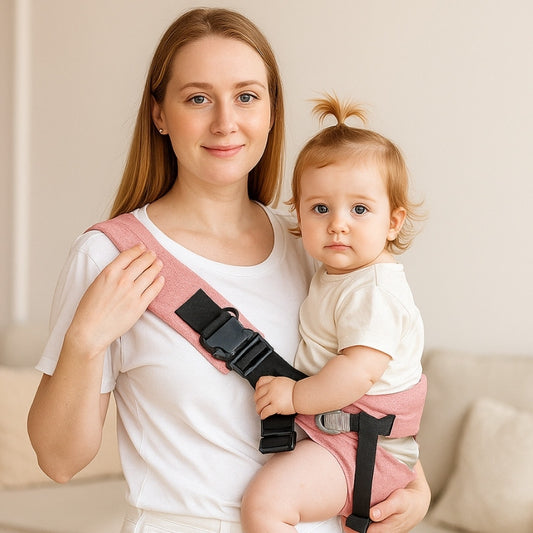 Une maman sereine portant son bébé dans un porte bébé hanche rose
