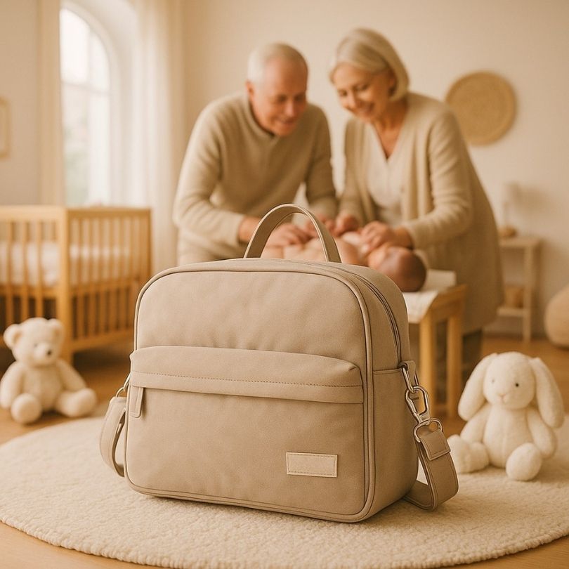 grand-parents changeant la couche de bébé avec un sac à langer beige à côté