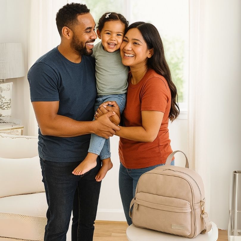 famille heureuse avec un sac à langer en avant-plan
